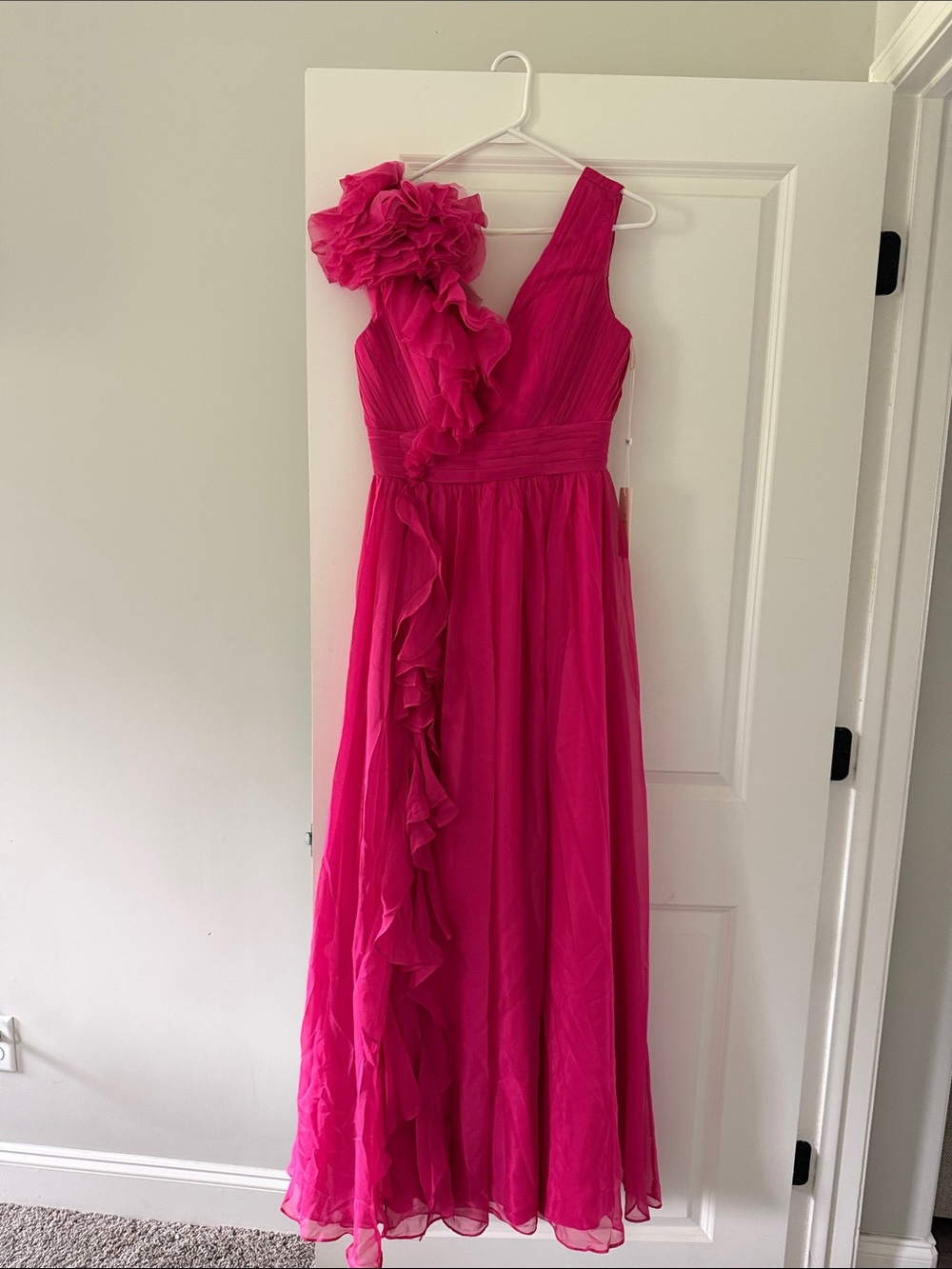 One-Shoulder Raspberry Ruffle Evening Gown - Picture 2 of 4